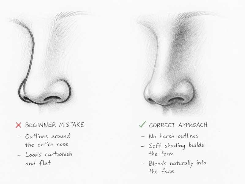 Nose drawing mistake — outlined nose versus shaded realistic nose comparison