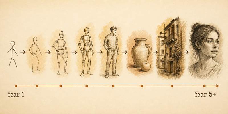 Illustrated timeline showing artistic skill progression