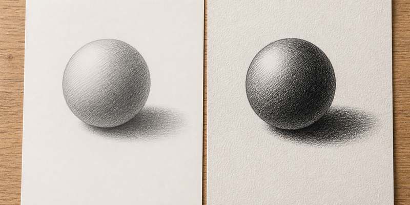 same graphite sphere drawn on smooth versus toothed paper