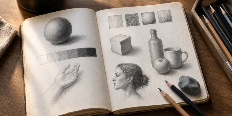 well-used pencil drawing sketchbook