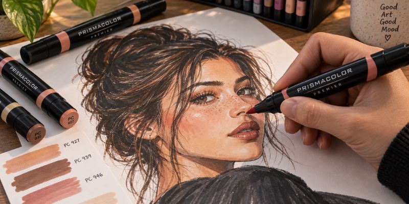 Artist using Prismacolor Premier marker on illustration paper