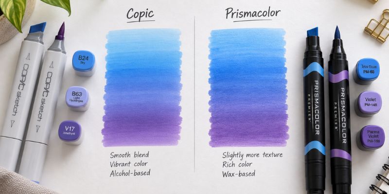 Copic vs Prismacolor marker blending comparison