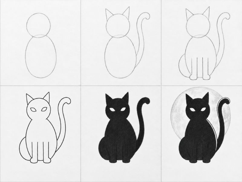 Finished Step by step black cat silhouette drawing