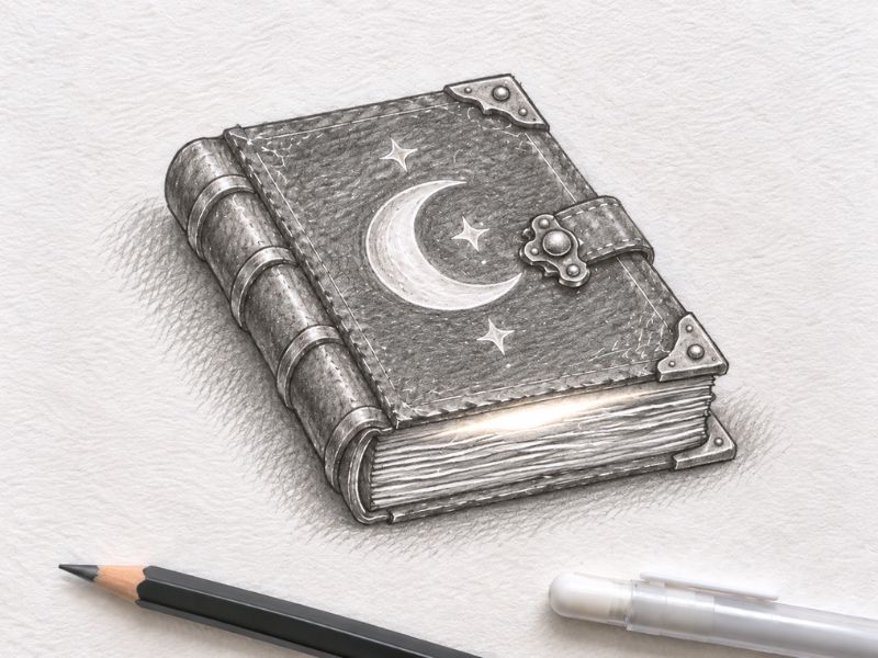 Finished pencil drawing of a magic spell book