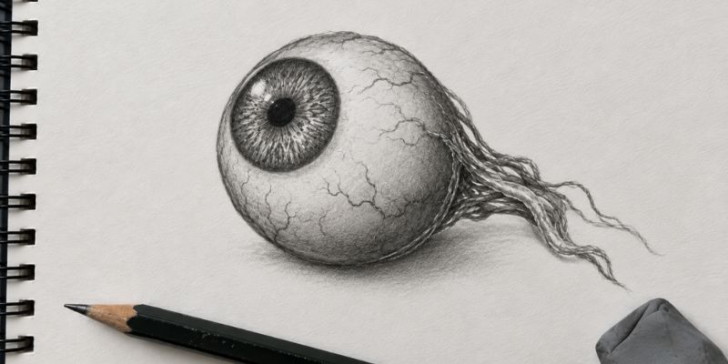 Finished pencil drawing of a scary detached eyeball