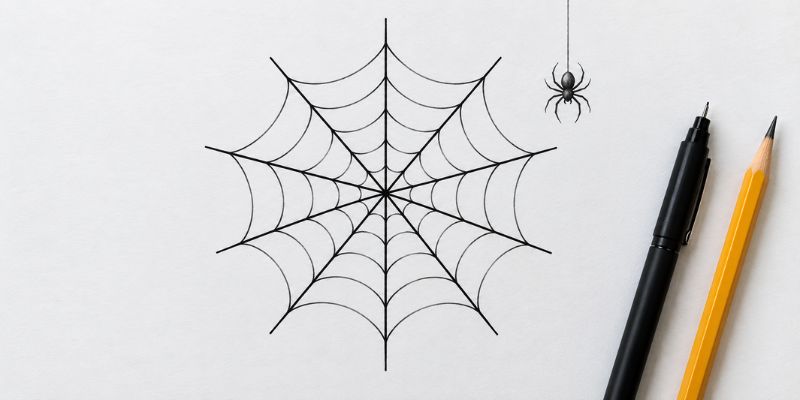 Finished spider web drawing in ink on white paper