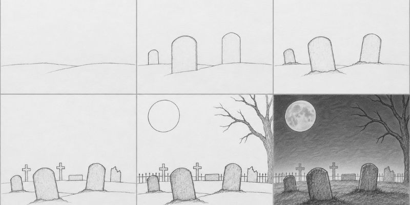 Graveyard Drawing for Halloween easy steps