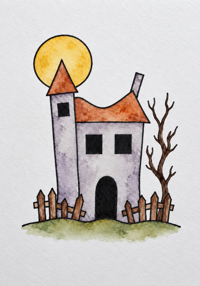Watercolor Haunted House for Halloween