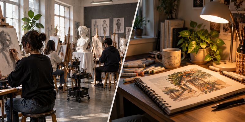 art school classroom and self-taught artist home setup