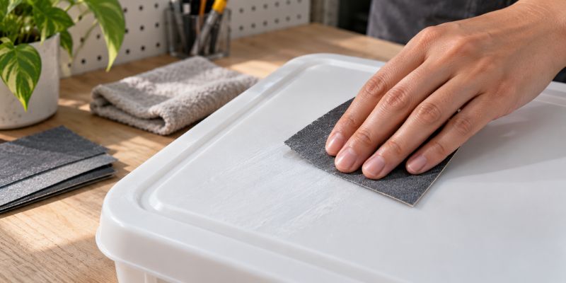 sanding plastic surface with fine grit sandpaper