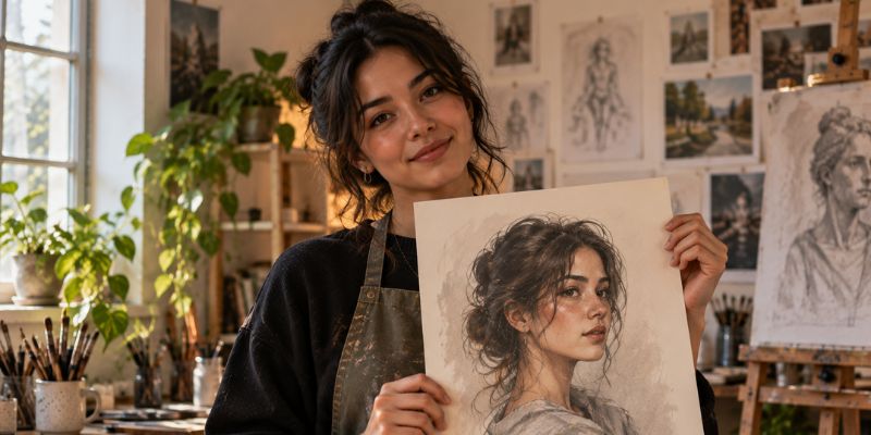 self-taught artist proudly holding finished artwork