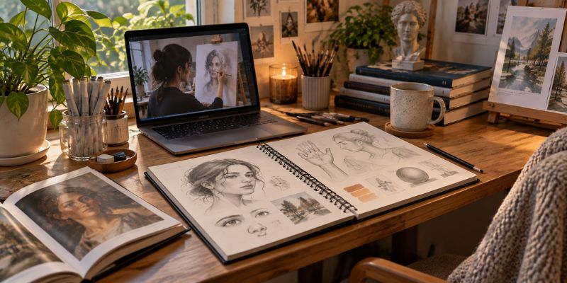 self-teaching art setup with practice sketchbook