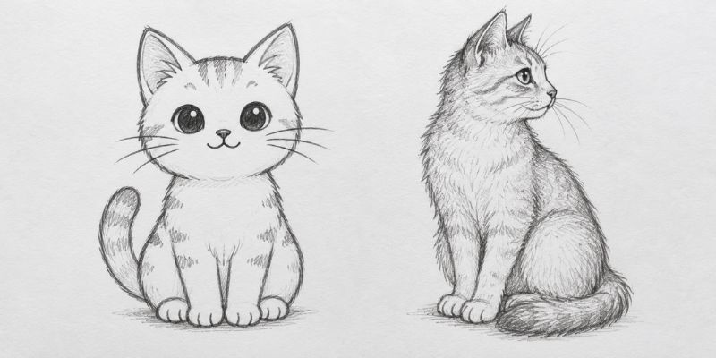 two easy cat drawings — a cartoon cat and a sitting cat
